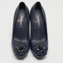 Pre Owned Chanel Navy Blue Leather Camelia Cap Toe Pumps Size 37