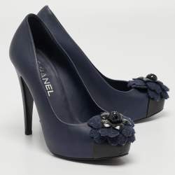 Pre Owned Chanel Navy Blue Leather Camelia Cap Toe Pumps Size 37