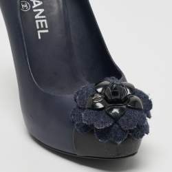 Pre Owned Chanel Navy Blue Leather Camelia Cap Toe Pumps Size 37