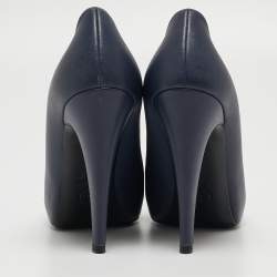Pre Owned Chanel Navy Blue Leather Camelia Cap Toe Pumps Size 37