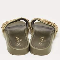 Chanel Green Canvas CC Chain Embellished Flat Slides Size 37