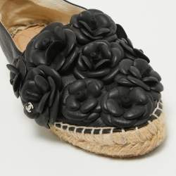 Pre Owned Chanel Black Leather Camelia Espadrille Ballet Flats Size 37
