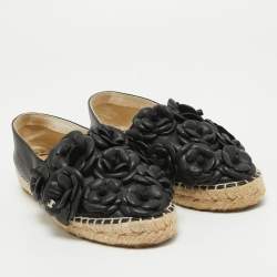 Pre Owned Chanel Black Leather Camelia Espadrille Ballet Flats Size 37