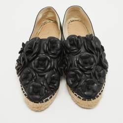 Pre Owned Chanel Black Leather Camelia Espadrille Ballet Flats Size 37