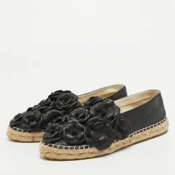Pre Owned Chanel Black Leather Camelia Espadrille Ballet Flats Size 37