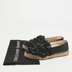 Pre Owned Chanel Black Leather Camelia Espadrille Ballet Flats Size 37