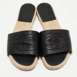 Pre Owned Chanel Black/Cream Leather CC Logo Espadrille Flats Size 41