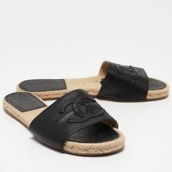 Pre Owned Chanel Black/Cream Leather CC Logo Espadrille Flats Size 41