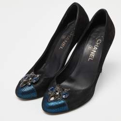 Chanel Black/Blue Suede Embellished CC Cap Toe Pumps Size 39.5