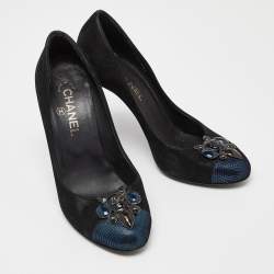 Chanel Black/Blue Suede Embellished CC Cap Toe Pumps Size 39.5