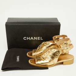 Pre Owned Chanel Gold Brogue Leather Lace Up Ankle Strap Sandals Size 39
