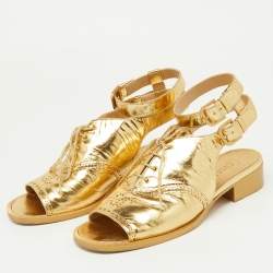Pre Owned Chanel Gold Brogue Leather Lace Up Ankle Strap Sandals Size 39