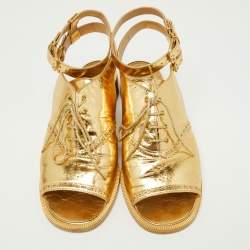 Pre Owned Chanel Gold Brogue Leather Lace Up Ankle Strap Sandals Size 39