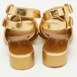 Pre Owned Chanel Gold Brogue Leather Lace Up Ankle Strap Sandals Size 39