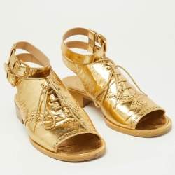 Pre Owned Chanel Gold Brogue Leather Lace Up Ankle Strap Sandals Size 39