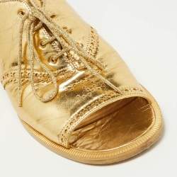 Pre Owned Chanel Gold Brogue Leather Lace Up Ankle Strap Sandals Size 39