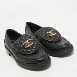 Chanel Black Quilted Leather CC Turnlock Loafers Size 39
