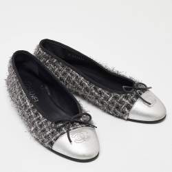 Pre Owned Chanel Black/Silver Tweed and Leather CC Ballet Flats Size 39