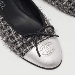 Pre Owned Chanel Black/Silver Tweed and Leather CC Ballet Flats Size 39