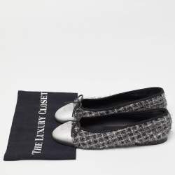 Pre Owned Chanel Black/Silver Tweed and Leather CC Ballet Flats Size 39
