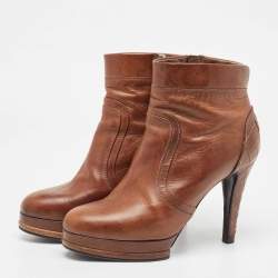 Chanel Brown Leather Platform Ankle Booties Size 41