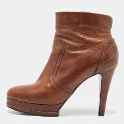 Chanel Brown Leather Platform Ankle Booties Size 41