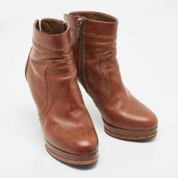 Chanel Brown Leather Platform Ankle Booties Size 41