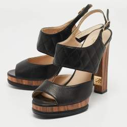 Chanel Black Quilted Leather CC Platform Slingback Sandals Size 38