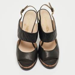 Chanel Black Quilted Leather CC Platform Slingback Sandals Size 38