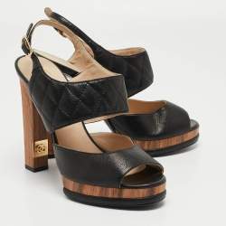 Chanel Black Quilted Leather CC Platform Slingback Sandals Size 38