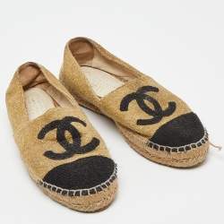 Pre Owned Chanel Gold/Black Fabric CC Logo Espadrilles Size 38