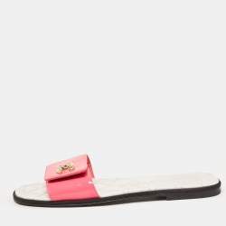 Pre Owned Chanel Pink Patent Leather CC Flat Slides Size 37.5