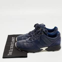 Pre Owned Chanel Navy Blue Leather and Satin CC Low Top Sneakers Size 40.5