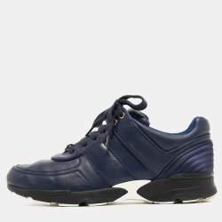 Pre Owned Chanel Navy Blue Leather and Satin CC Low Top Sneakers Size 40.5