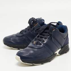 Pre Owned Chanel Navy Blue Leather and Satin CC Low Top Sneakers Size 40.5