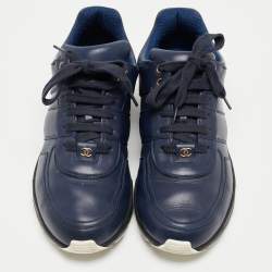 Pre Owned Chanel Navy Blue Leather and Satin CC Low Top Sneakers Size 40.5