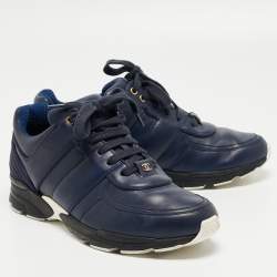 Pre Owned Chanel Navy Blue Leather and Satin CC Low Top Sneakers Size 40.5