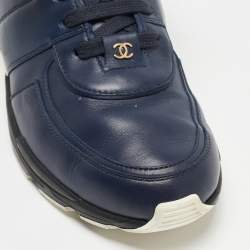 Pre Owned Chanel Navy Blue Leather and Satin CC Low Top Sneakers Size 40.5