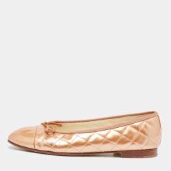 Pre Owned Chanel Gold Patent CC Cap Toe Ballet  Flats Size 38.5