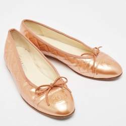 Pre Owned Chanel Gold Patent CC Cap Toe Ballet  Flats Size 38.5