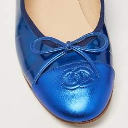 Chanel Blue Patent and Leather CC Cap Toe Bow Ballet Flats Size 38