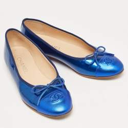 Chanel Blue Patent and Leather CC Cap Toe Bow Ballet Flats Size 38