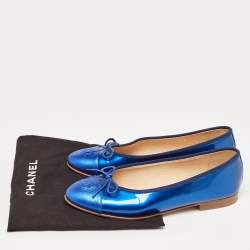 Chanel Blue Patent and Leather CC Cap Toe Bow Ballet Flats Size 38