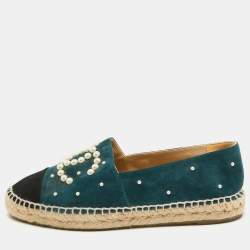 Pre Owned Chanel Green/Black Suede CC Cap Toe Espadrille Flats Size 39