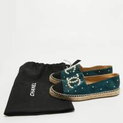Pre Owned Chanel Green/Black Suede CC Cap Toe Espadrille Flats Size 39