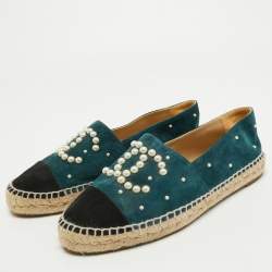 Pre Owned Chanel Green/Black Suede CC Cap Toe Espadrille Flats Size 39