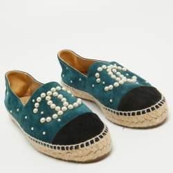 Pre Owned Chanel Green/Black Suede CC Cap Toe Espadrille Flats Size 39
