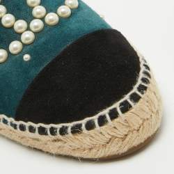Pre Owned Chanel Green/Black Suede CC Cap Toe Espadrille Flats Size 39