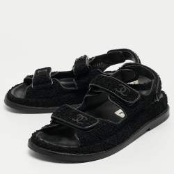 Pre Owned Chanel Black Tweed Fabric Dad Sandals Size 37