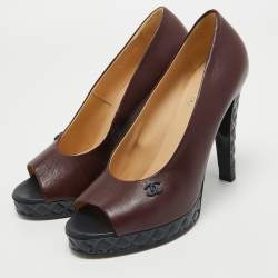 Pre Owned Chanel Burgundy Leather CC Open Toe Platform Pumps Size 40